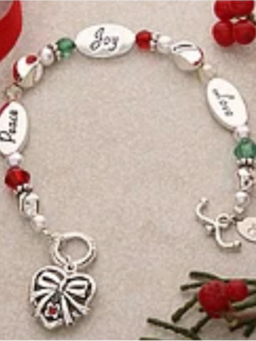 Holiday Sentiment Charm Bracelet - Red & Green Beaded Women’s Jewelry